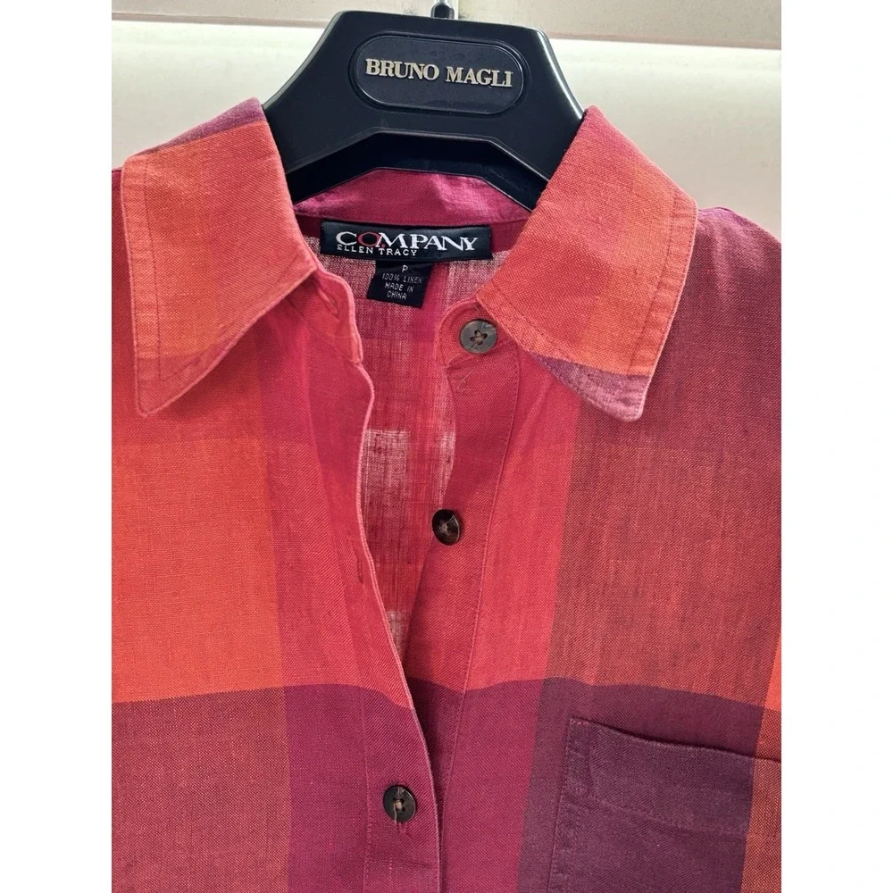 Company Ellen‎ Tracy 8 P 100% Linen Button Up  Plaid Harvest Fall Long Sleeve